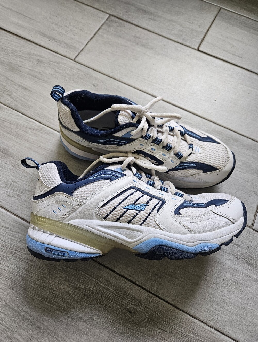 White and Navy Athletic Sneakers with Light Blue Accents Avia